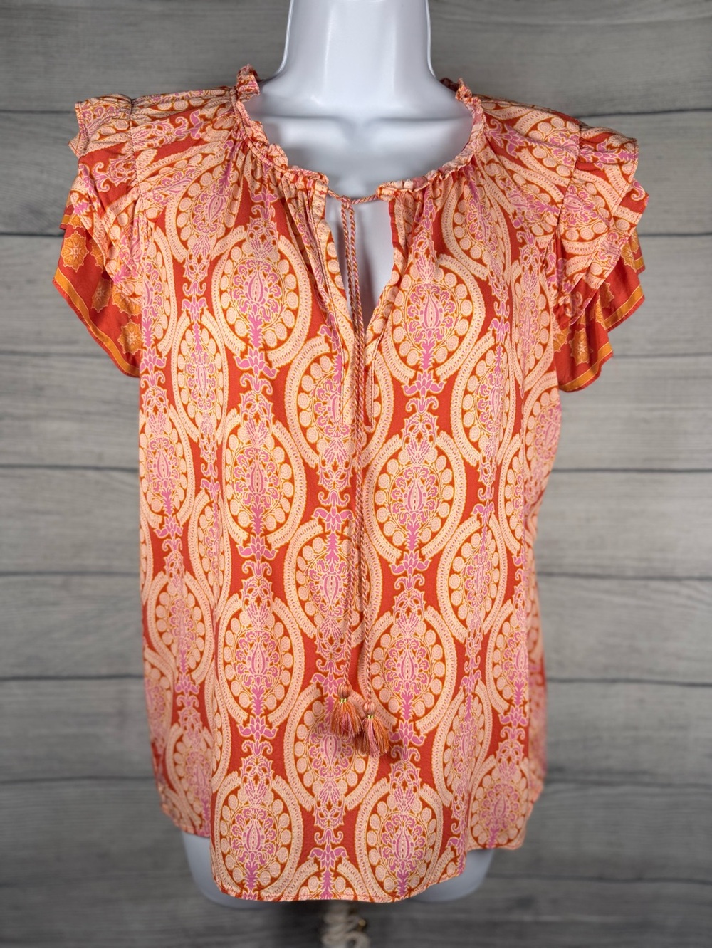 Rose & Olive Orange and Pink Paisley Ruffle Sleeve Blouse